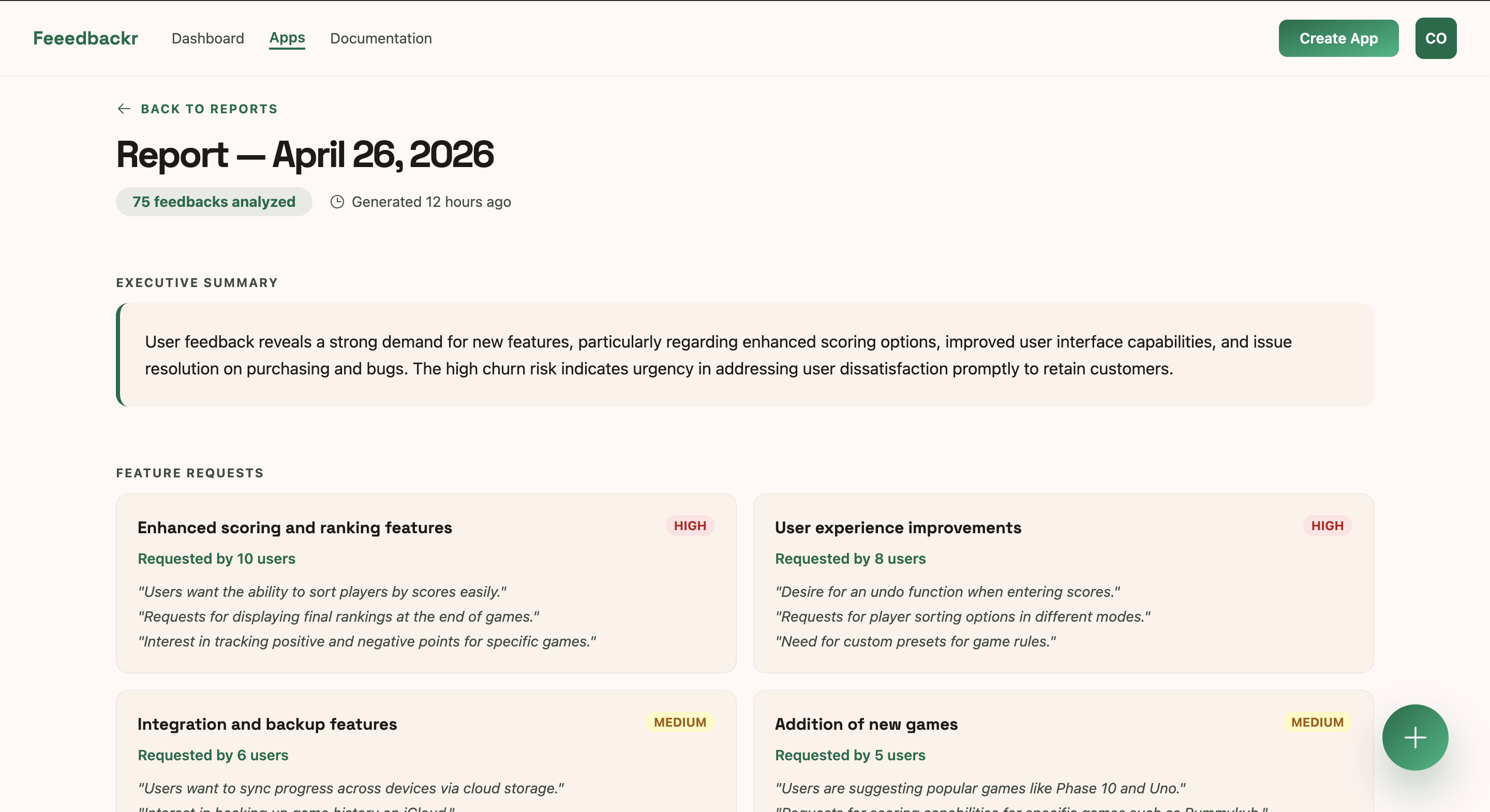 AI-generated report showing feature requests and pain points